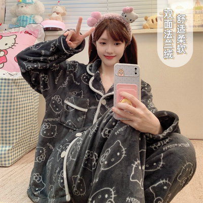 法兰绒睡衣女秋冬季加厚加绒套装