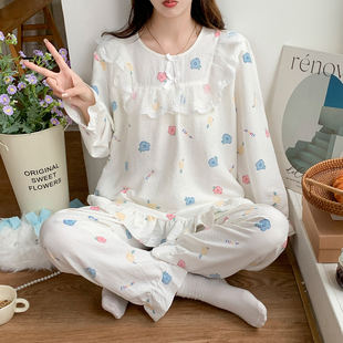 套装 秋季 花边薄款 睡衣女带胸垫公主风长袖 春秋纱布纯棉家居服 长裤