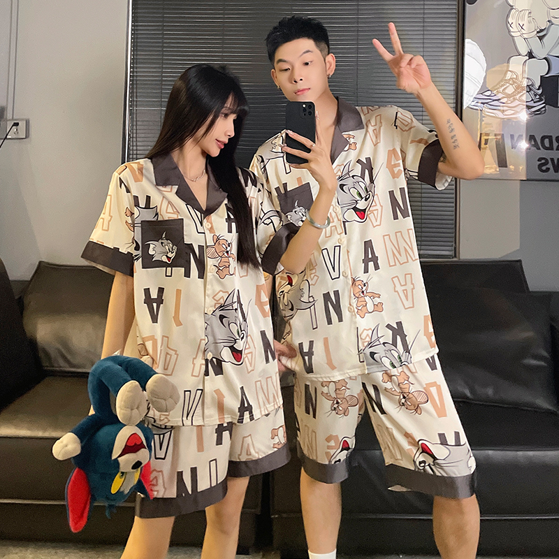 情侣大码睡衣卡通冰丝家居服套装
