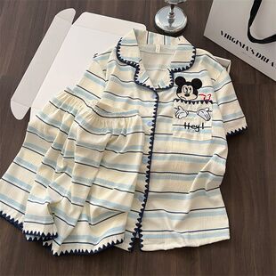 睡衣女短袖 2026新款 短裤 套装 可爱卡通米奇日系条纹家居服 薄款 夏季