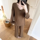 甜美休闲纯色蕾丝精致家居服 套头套装 莫代尔纯棉睡衣女春秋款 长袖
