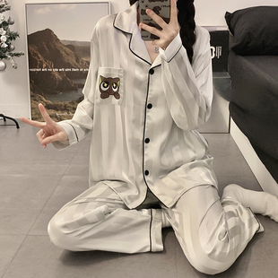 丝绸套装 2025年新款 薄款 冰丝睡衣女春秋季 可爱网红猫咪家居服 长袖