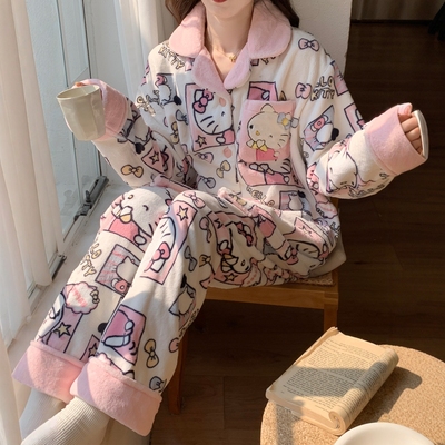 法兰绒睡衣女秋冬季加厚保暖套装