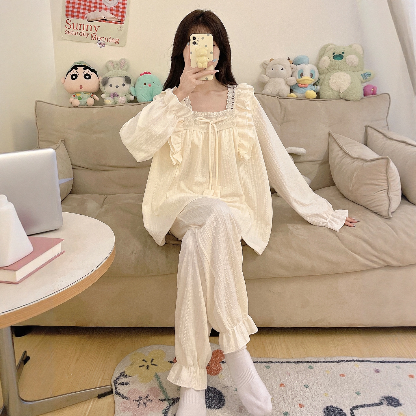 带胸垫睡衣女公主风纯棉长袖套装
