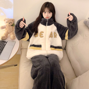 珊瑚绒睡衣女秋冬季 高领高级感法兰绒家居服 加厚加绒保暖拉链套装