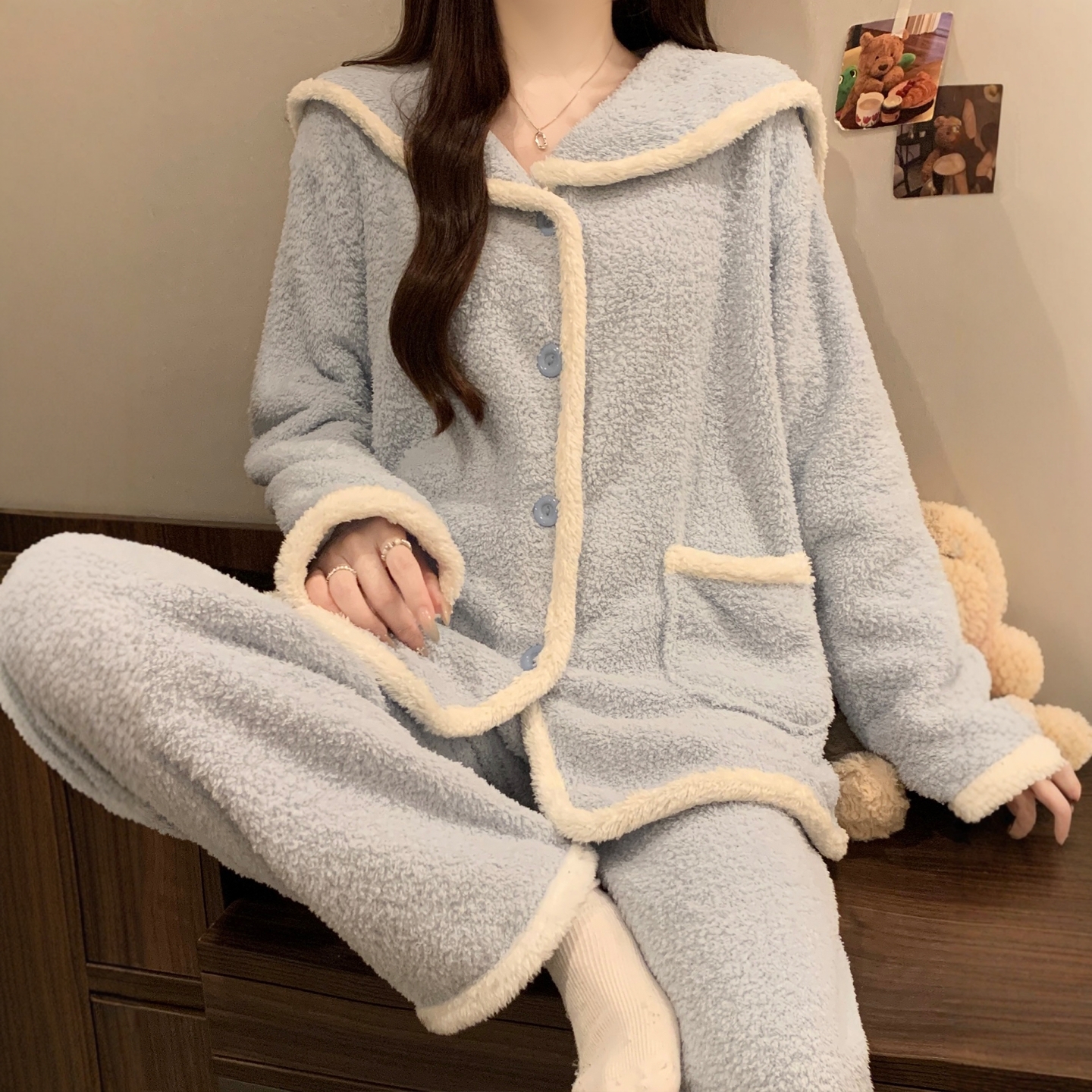 半边绒海军领睡衣女冬季加厚加绒套装开衫简约款冬天可外穿家居服