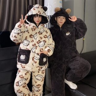 HelloKitty珊瑚绒三层夹棉睡衣女秋冬季男大码连帽卡通套装家居服