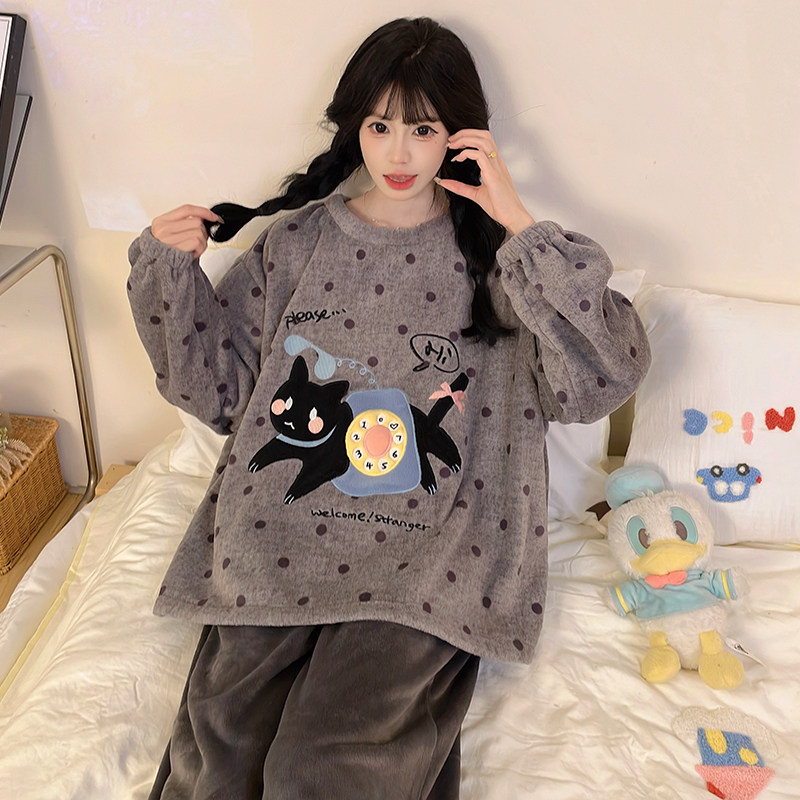 冬季法兰绒睡衣女圆领冬天加厚保暖可爱少女套装珊瑚绒秋冬家居服