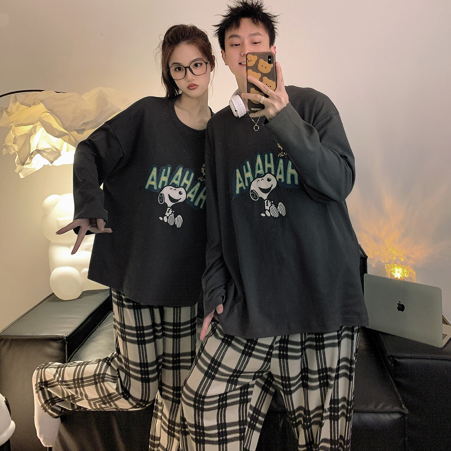 情侣睡衣女春秋季长袖长裤套头套装可爱卡通男士日系史努比家居服