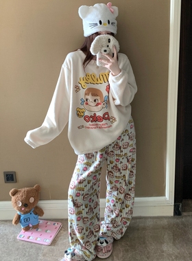 可爱卡通不二家睡衣女高个子珊瑚绒加厚冬季法兰绒套装少女家居服