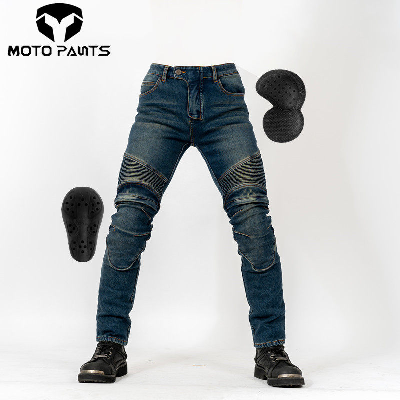 新款冬季摩托车骑行牛仔裤凯夫拉耐磨加绒男款防摔机车裤护膝拉链