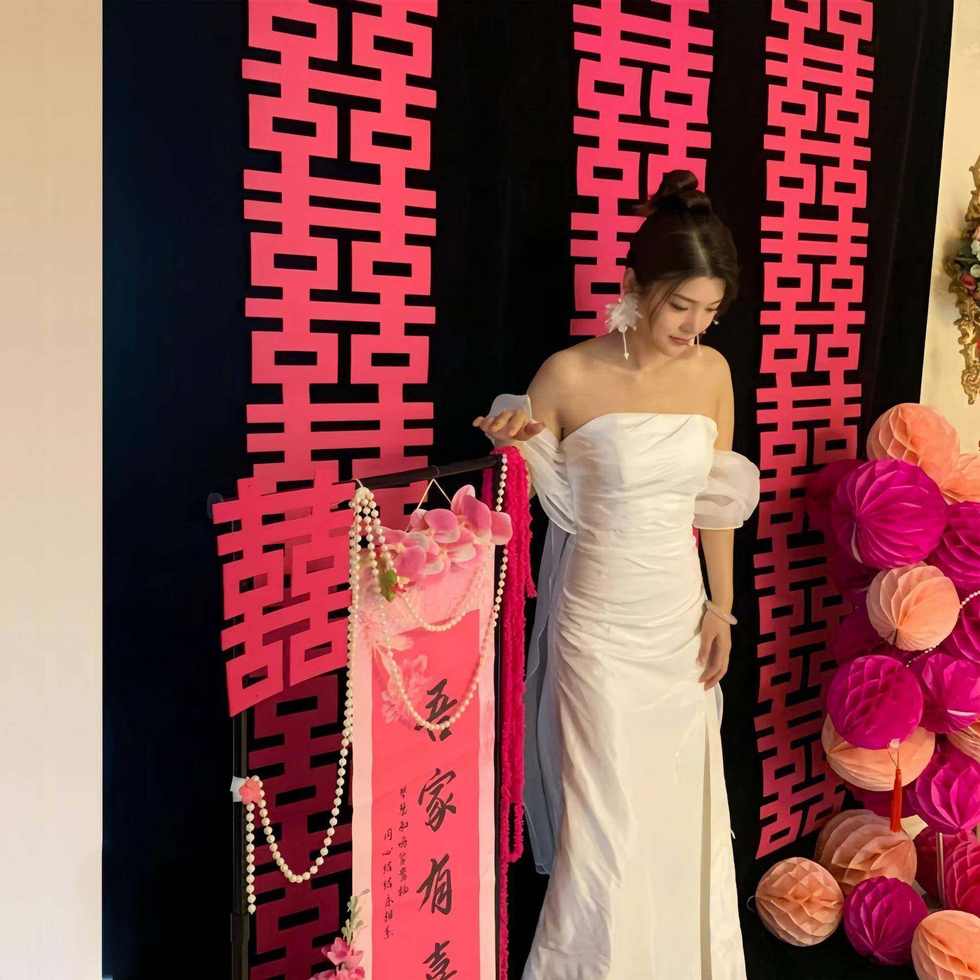 2026款同款玫红粉长喜条串喜字贴晨袍背景墙贴装饰婚礼摆拍红道具,节庆用品/礼品,陪嫁用品套装,淘宝优惠券,粉丝福利购,淘宝优惠卷