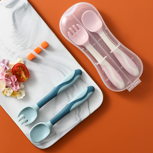 儿童硅胶叉勺可弯曲婴儿勺子宝宝吃米糊辅食训练叉勺带收纳盒餐具
