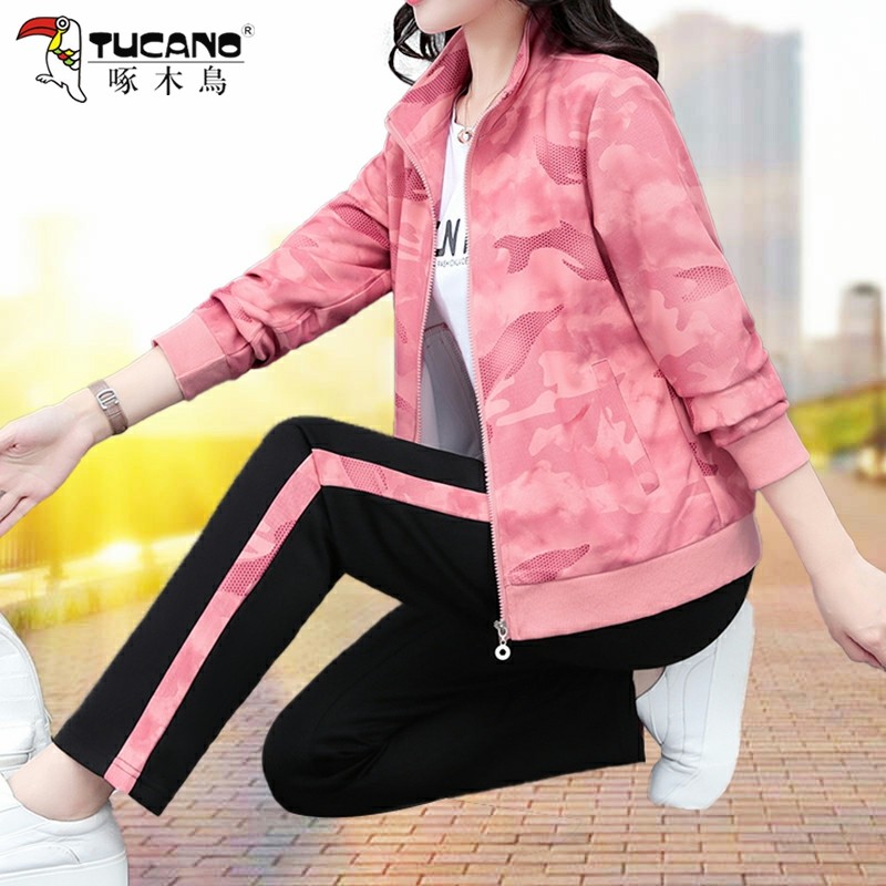 啄木鸟运动服迷彩套装女春季新款宽松广场舞休闲时尚洋气两件套