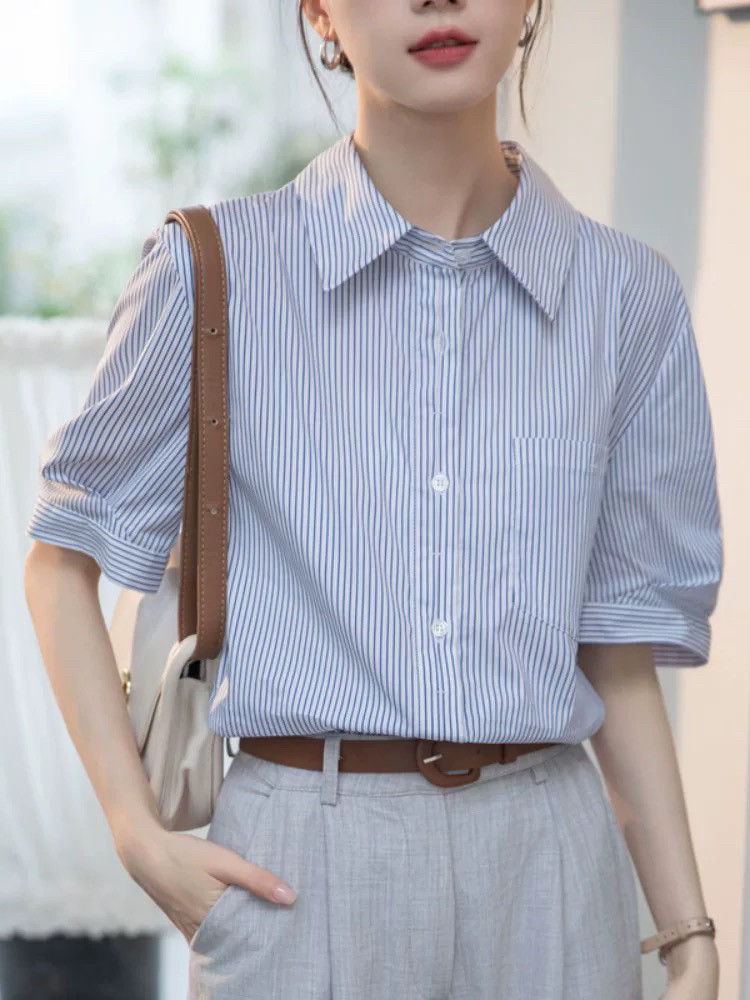 法式蓝色条纹短袖衬衫女polo领上衣夏季轻奢高级感通勤职业装面试