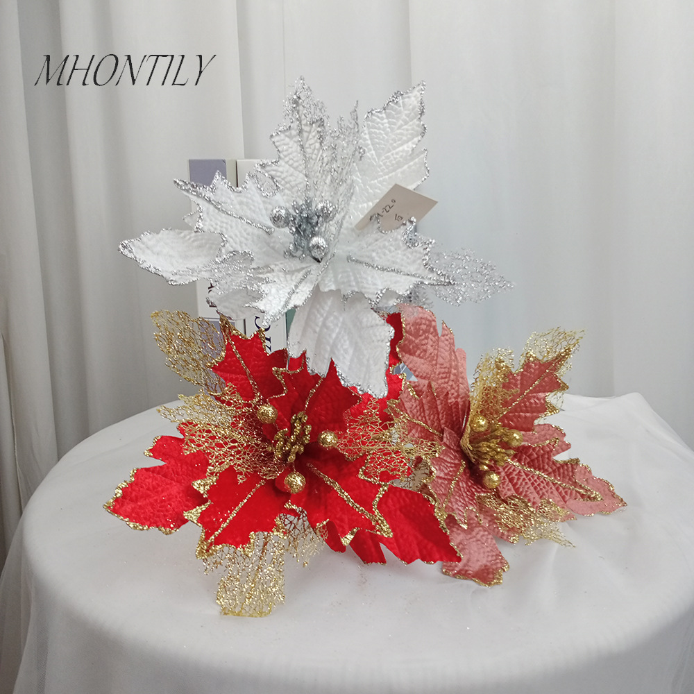 GH-220圣旦家居装饰用品网纱撒粉圣诞花圣诞树配件仿真绢花