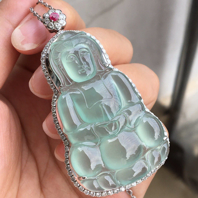 缅甸老坑翡翠冰种镶嵌观音菩萨吊坠高冰透水润玉佛男士玉挂件送礼