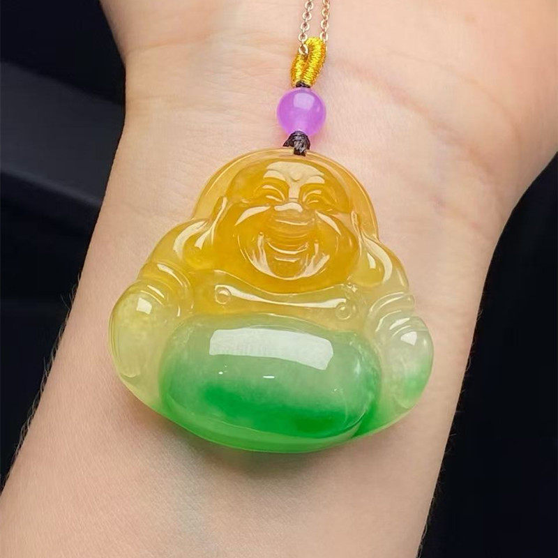 缅甸冰糯种翡翠双彩佛公吊坠老坑黄翡翠阳绿飘花笑佛弥勒佛玉挂件