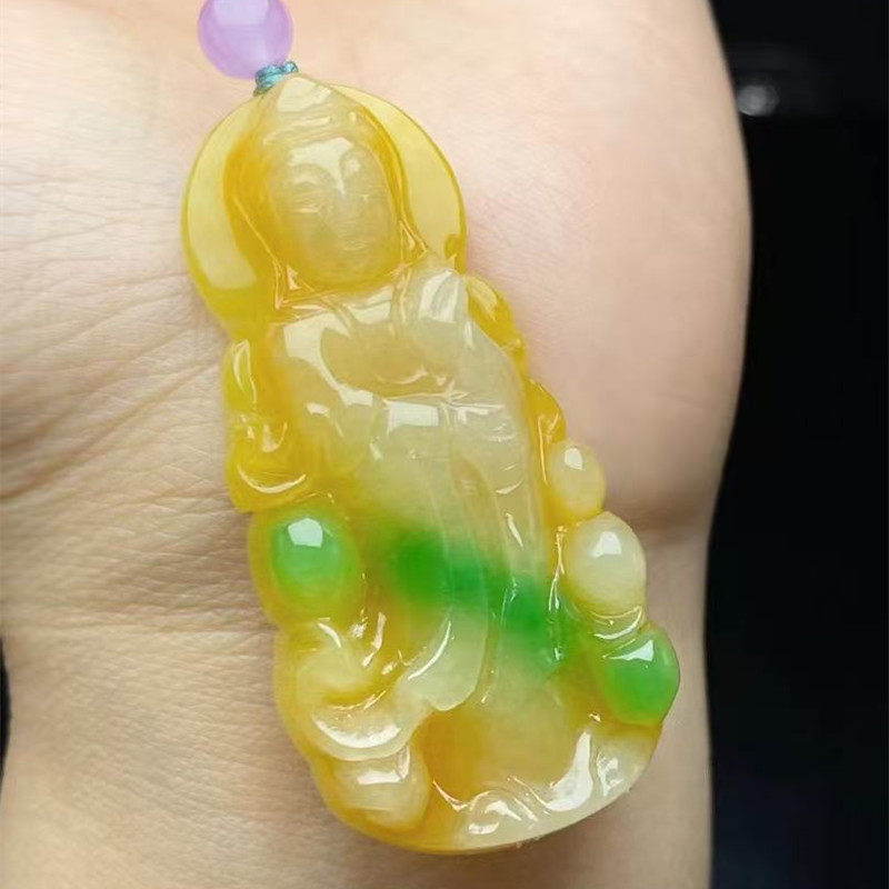 冰糯种黄翡翠玉站观音吊坠缅甸老坑阳绿飘花菩萨大挂件男送礼自带