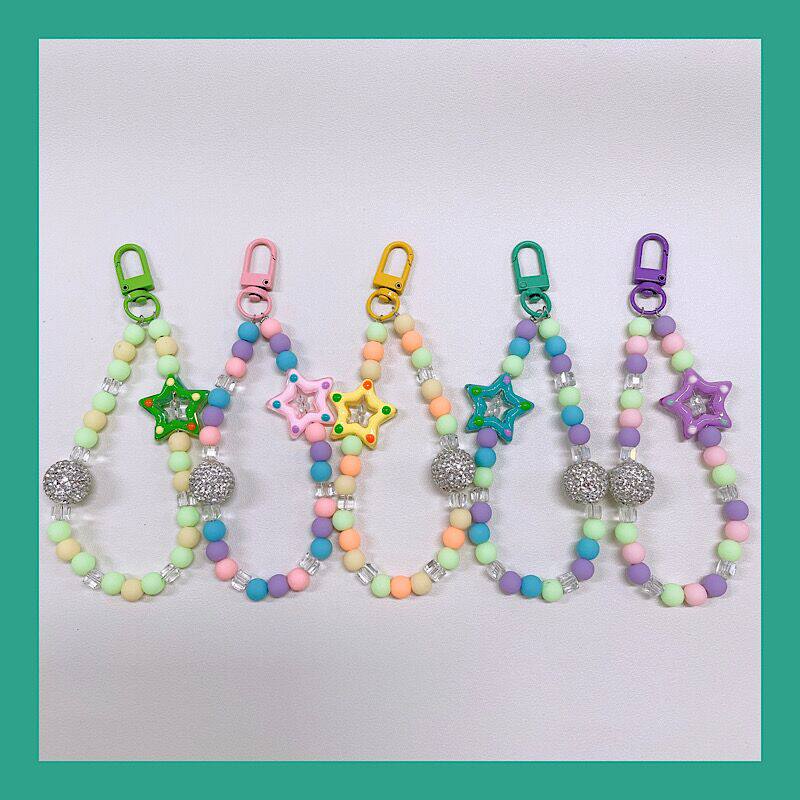 马卡龙哑光珠手机小星星闪钻手机链条配饰耳机套挂饰通用便携防丢
