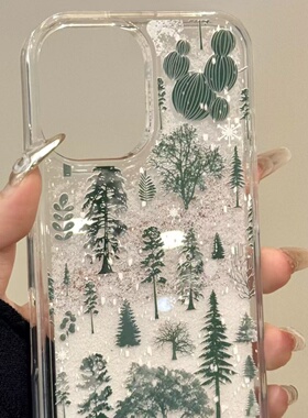 简约透明流沙绿色树木适用iphone16promax苹果15手机壳14pr新款13