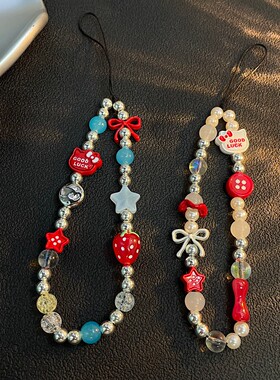 ins风自制红蓝kitty百搭链质感挂件草莓ccd挂件相机挂件