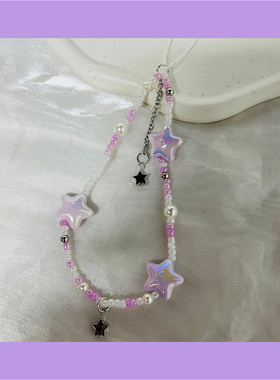 小众糖果色透明镭射星星手工串珠手机链ccd相机挂绳实用钥匙链