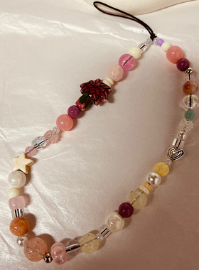 椰树粉色爱心原创千禧辣妹y2k风格串珠手机链ccd相机挂绳手机挂饰