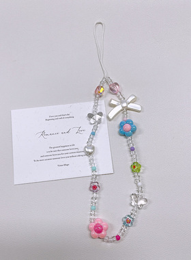 ins风手工串珠水晶挂链短款蝴蝶结花朵珠子手机挂绳ccd相机挂件