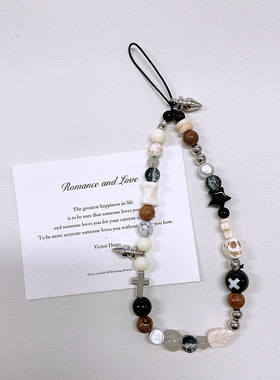 韩国ins风黑白朋克手机链条复古铆钉酷拽潮串珠辣妹ccd相机挂饰女