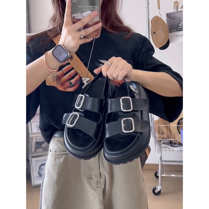 欧货松糕厚底罗马凉鞋女2025夏季新款外穿百搭休闲皮带扣沙滩鞋潮