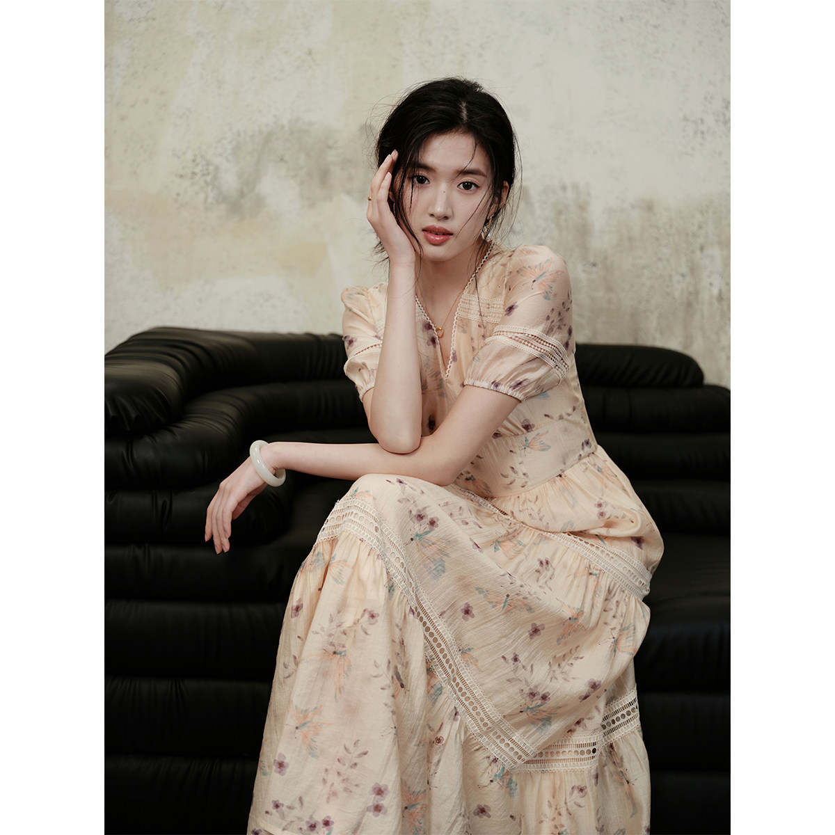 贰羊设计【现货5折】花间令 国风新中式气质收腰碎花蕾丝连衣裙