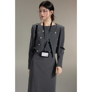 初晴 背心裙 气质灰色西装 无袖 双排扣短外套 通勤套装 贰羊设计