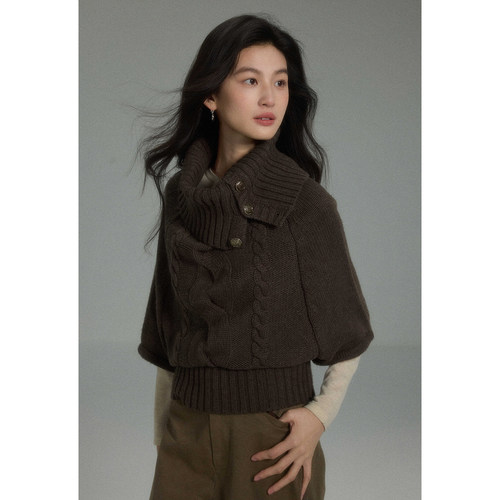 贰羊设计【忆安】慵懒复古高级感高领斗篷针织衫女秋宽松麻花毛衣