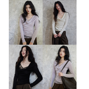 贰羊设计【予沁】假两件荡领蕾丝拼接上衣女春季新款修身紫色内搭