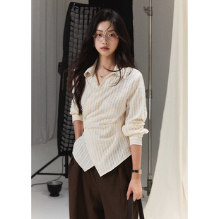 女气质不规则斜襟收腰长袖 棉感提花条纹衬衫 上衣 栖溪 贰羊设计