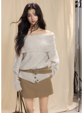 贰羊设计【絮泱】雾感羊毛针织一字露肩格纹毛衣女软糯慵懒冬上衣