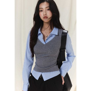 贰羊设计【芷若】层次感假两件polo衬衫女修身马甲背心拼条纹衬衣