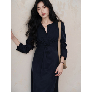 贰羊设计【现货7折】【玲珑月】天丝砂洗复古老钱风衬衫v领连衣裙