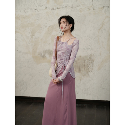 【现货】贰羊设计【远山如黛】国风新中式假两件修身网纱连衣裙女