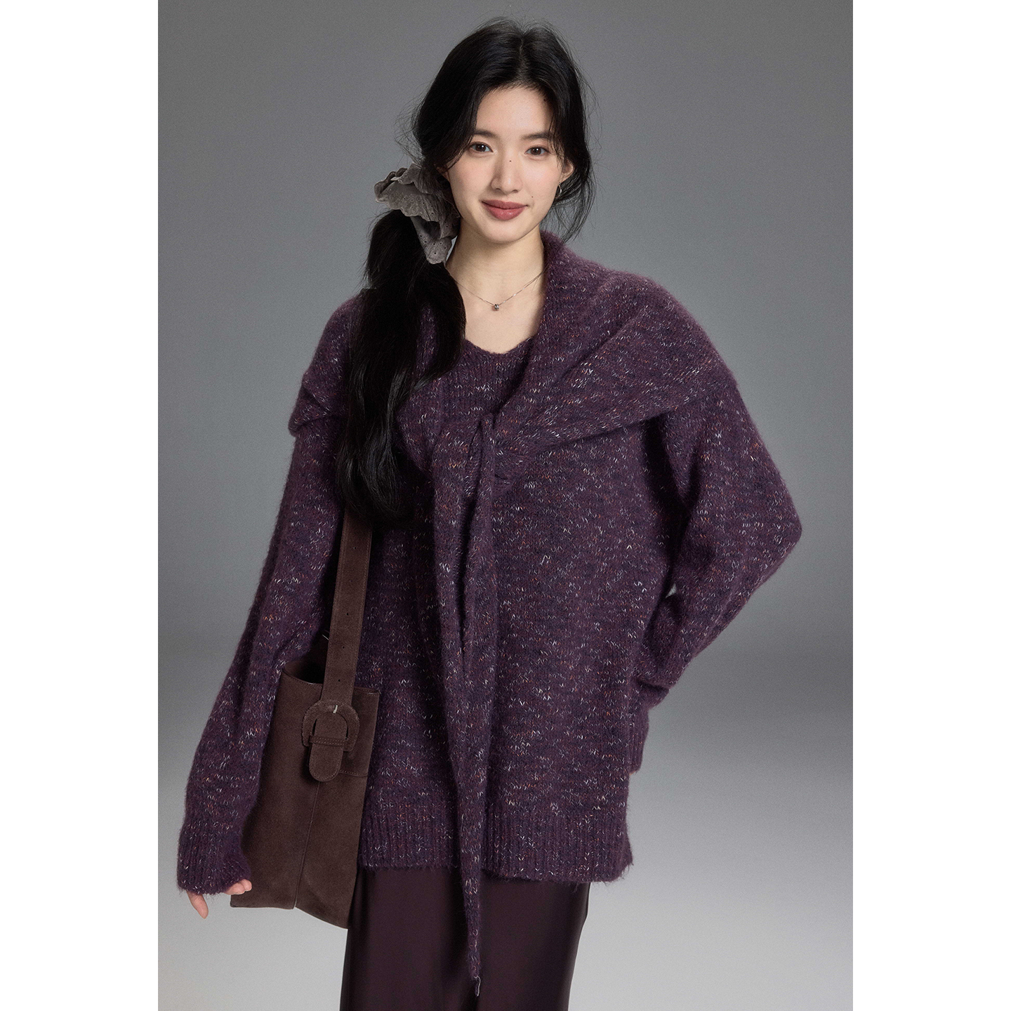 贰羊设计【知许】慵懒配披肩两件套毛衣女宽松羊毛v领混纺针织衫