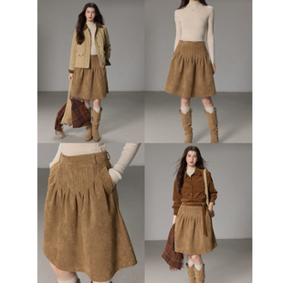 贰羊设计 重工艺压褶复古A字麂皮绒半身裙女时髦通勤百搭 题秋