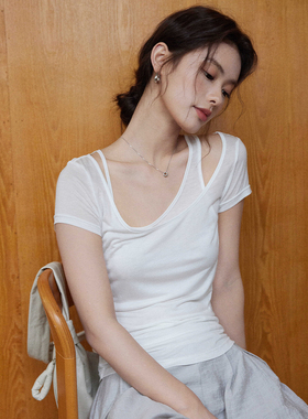 贰羊设计【纱影】清冷感微透1oo莱赛尔假两件露肩短袖白色t恤女夏
