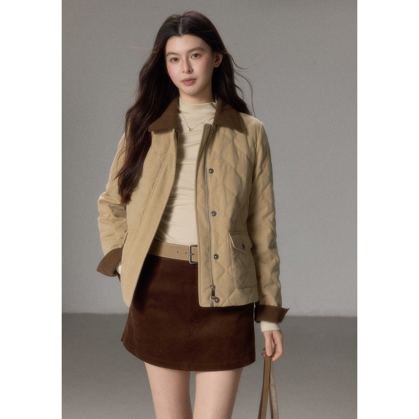 贰羊设计【格序】复古撞色翻领菱形格夹棉外套女宽松冬季短款棉服