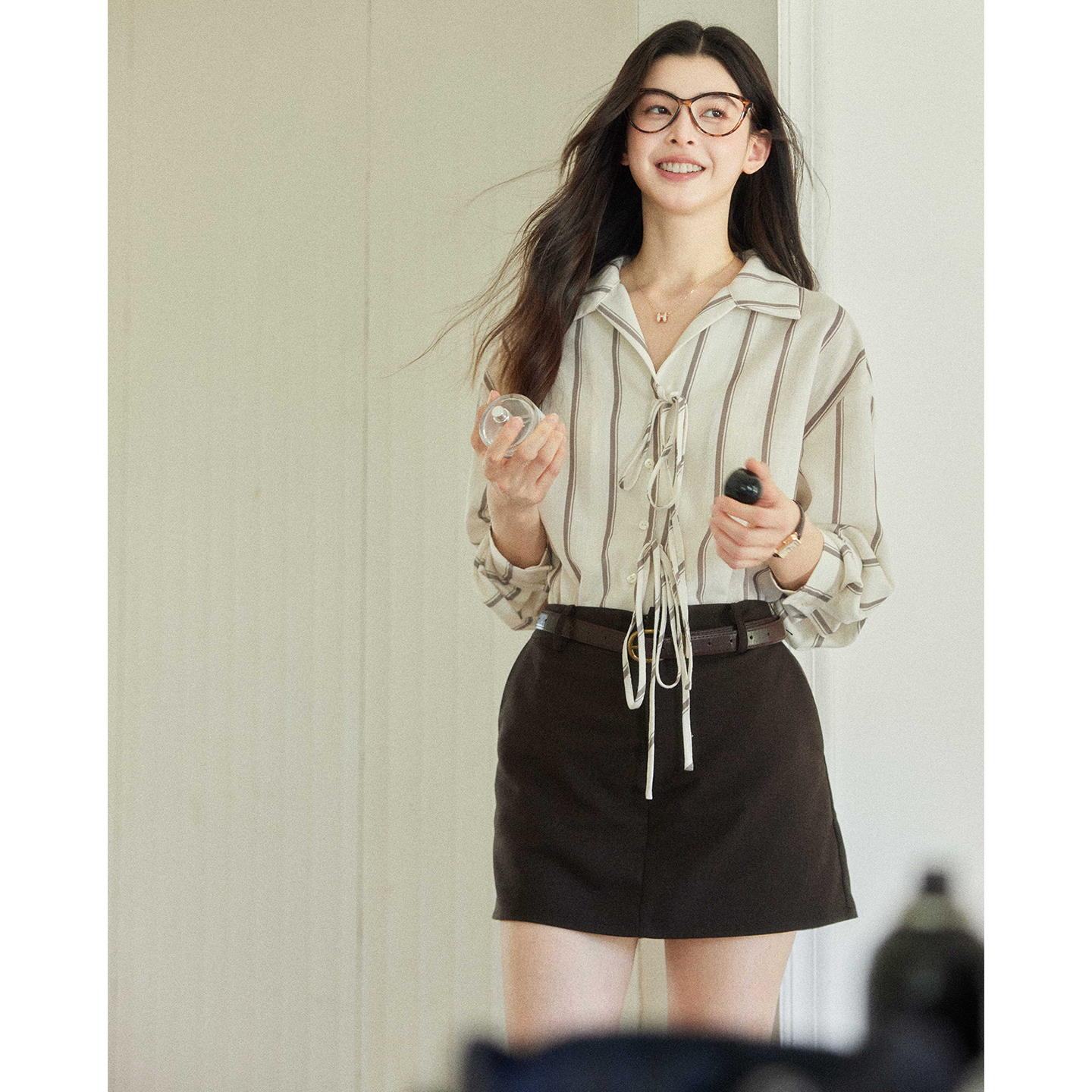 贰羊设计【绀蝶】通勤百搭高腰系带a字裙裤女舒适显瘦短款半身裙