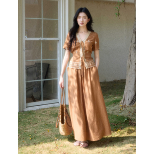 高腰长裙套装 贰羊设计 衬衫 度假波西米亚风立体绣花短袖 余意