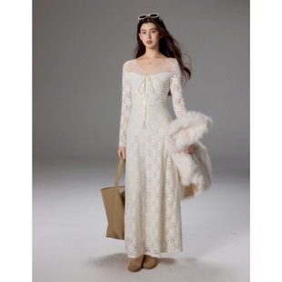 气质蕾丝V领连衣裙女弹力抓绒内搭白色长裙 法式 贰羊设计 以诺