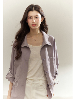 贰羊设计【紫茉】舒适百搭紫色廓形夹克女天丝棉抽绳收腰衬衫外套