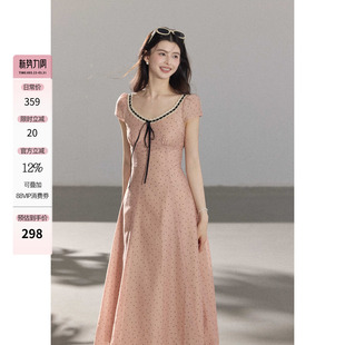 贰羊设计【花想容】温柔复古波点连衣裙女收腰垂感A字小飞袖长裙