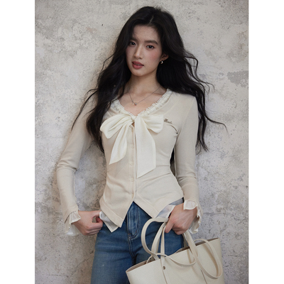 撞色蝴蝶结v领蕾丝花边长袖上衣